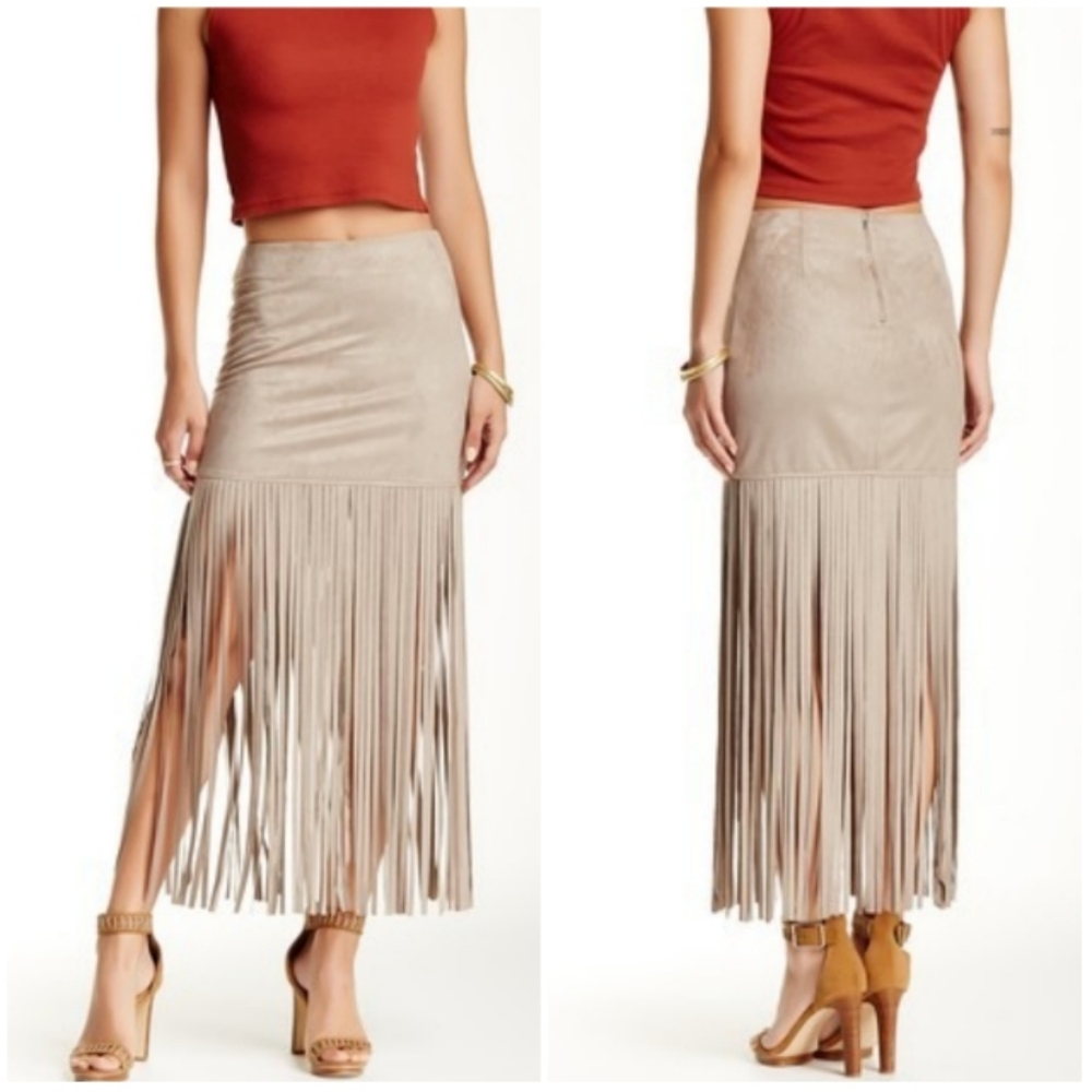 On Twelfth Tan Faux Suede Fringe Skirt